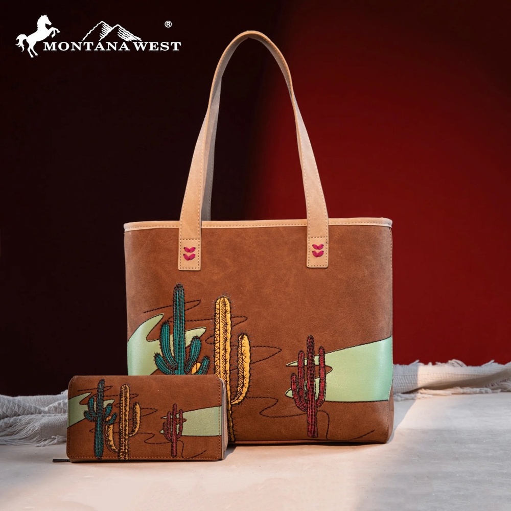 Montana West Embroidered Tote with Wallet Set Brown